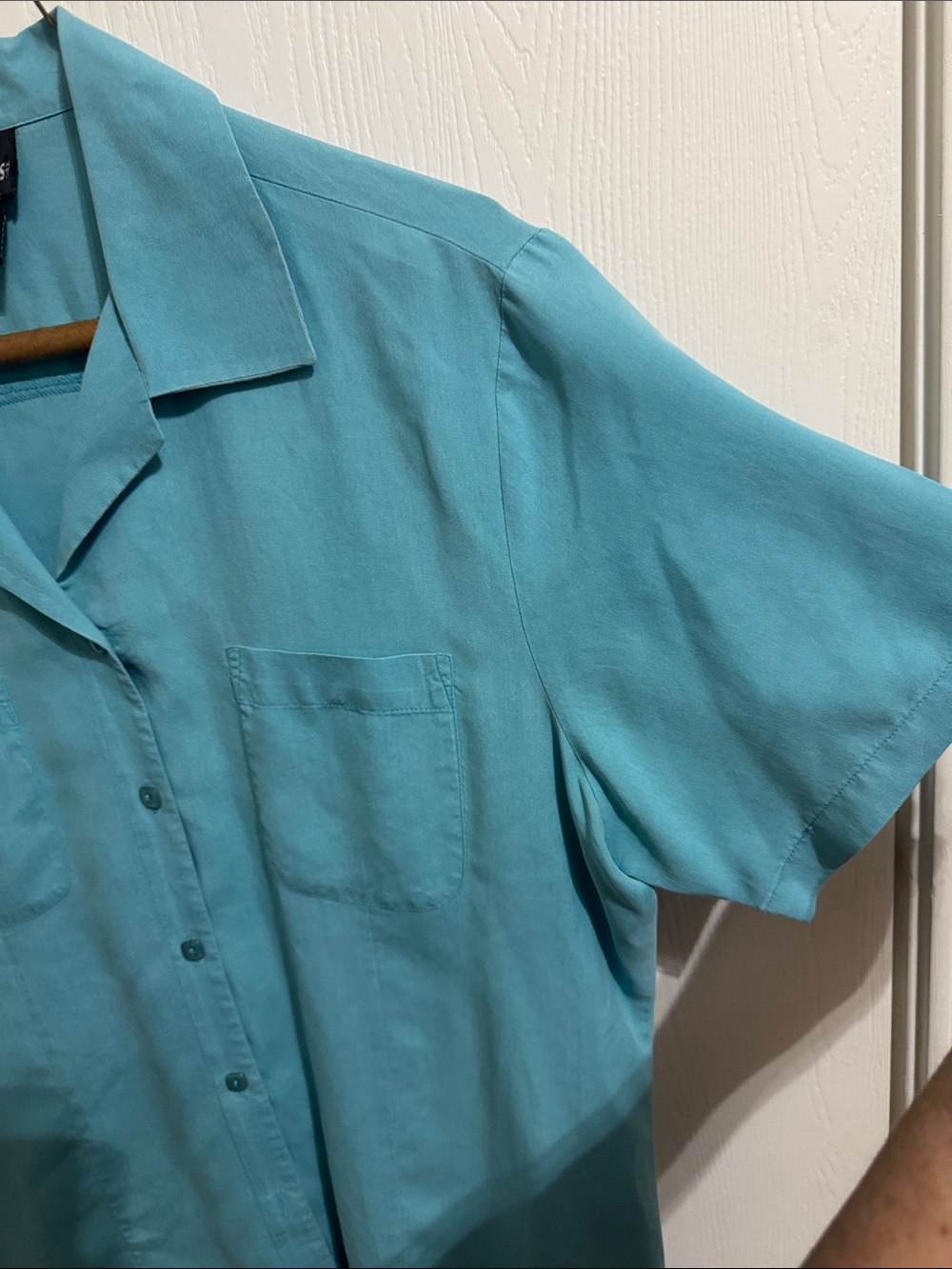 Notations Silk Button Up Turquoise Blue Short Sleeve Notched Collar Women’s Lrg - Picture 3 of 11